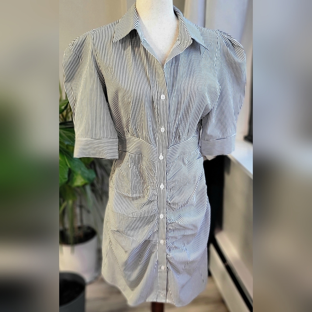 Shein Black White Striped Shirt Dress Ruched Front Puff Sleeve Button Down Size